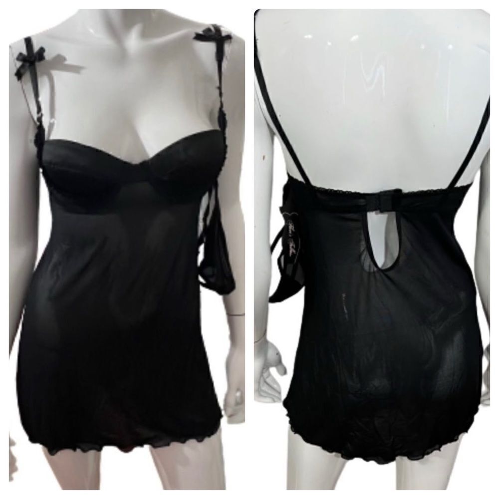 NWT Flora's‎ Follies Sheer Black Sexy Nightie with matching thong - S